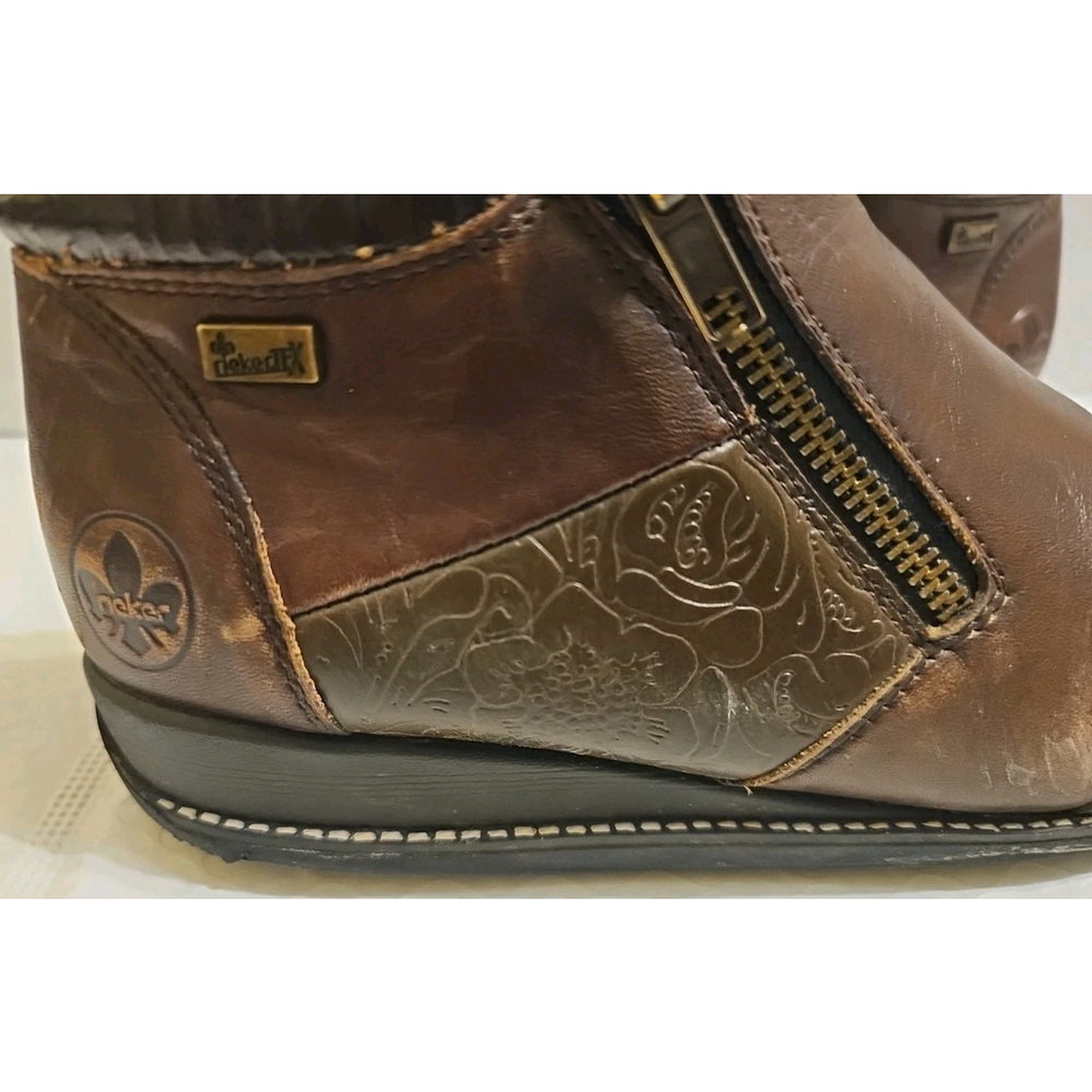 Rieker Brown Leather Ankle Boots Double Side Zip Size EU 38 Floral Etching - Picture 6 of 14